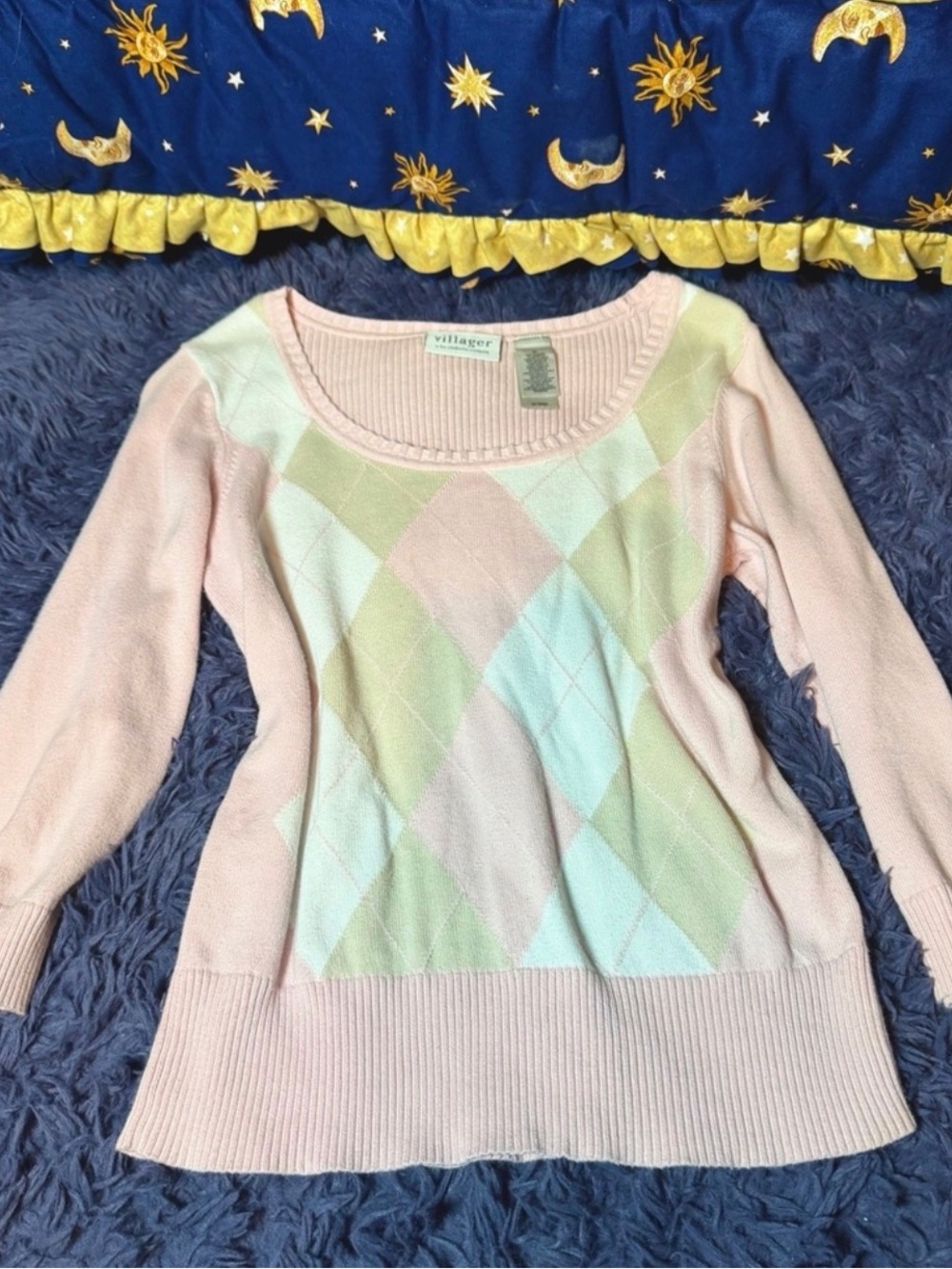 Preppy Pink Argyle Mid Sleeve Sweater